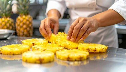 Chef Preparing Fresh Pineapple Slices in Commercial Kitchen.