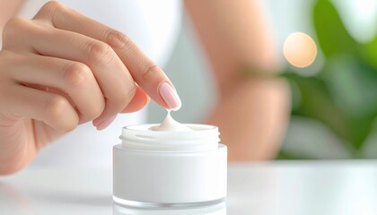 Close-up of Woman Applying Moisturizing Cream to Her Finger.