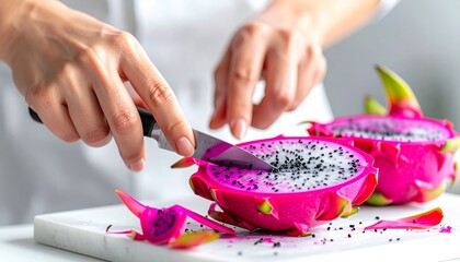 Cutting a Dragon Fruit - A Close-Up View of Preparation.