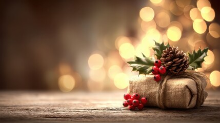Rustic Christmas gift wrapped in burlap with pine cone, holly leaves, and red berries on wooden table with bokeh lights