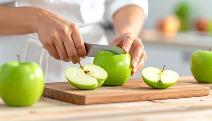 Slicing Green Apples on a Wooden Cutting Board.