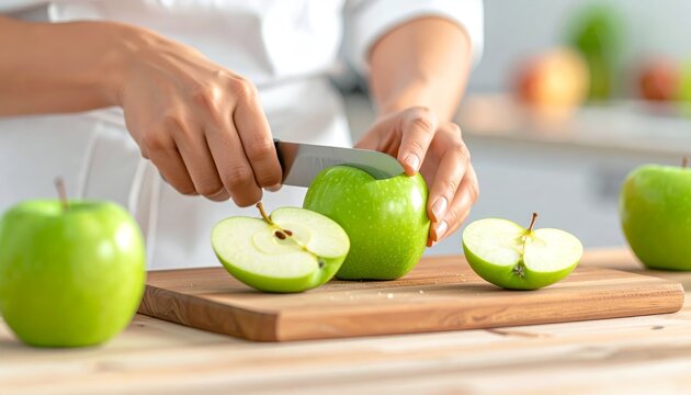 Slicing Green Apples on a Wooden Cutting Board.