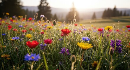 Vibrant Wildflower Meadow with Dew Drops at Sunrise in a Misty Landscape