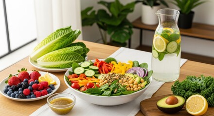 Vibrant and Fresh Healthy Salad, Berries, and Infused Water on Table