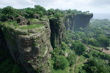 Rocky cliffs edge, jungle growth & ocean view