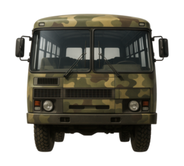 Camouflaged military transport bus featuring reinforced windows.