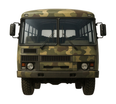 Camouflaged military transport bus featuring reinforced windows.