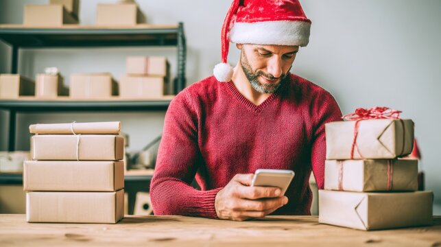 Man in Santa hat using smartphone surrounded by Christmas gift boxes on wooden table
