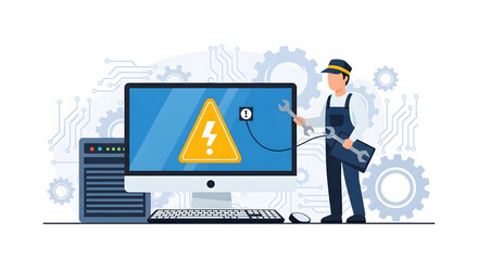 IT support technician performing computer repair and maintenance. Troubleshooting a system error with a warning sign on the monitor, providing essential technical assistance