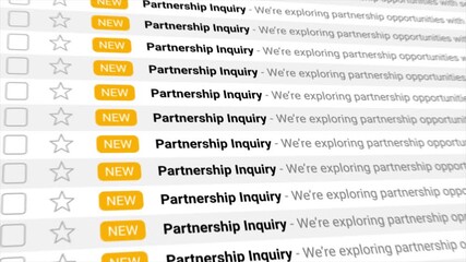 Partnership Inquiries appear as multiple new messages in a digital email inbox animation. Represents business growth, lead generation, opportunities, and digital communication.