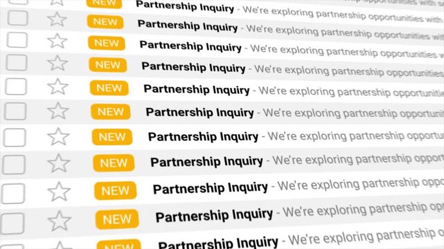 Partnership Inquiries appear as multiple new messages in a digital email inbox animation. Represents business growth, lead generation, opportunities, and digital communication.