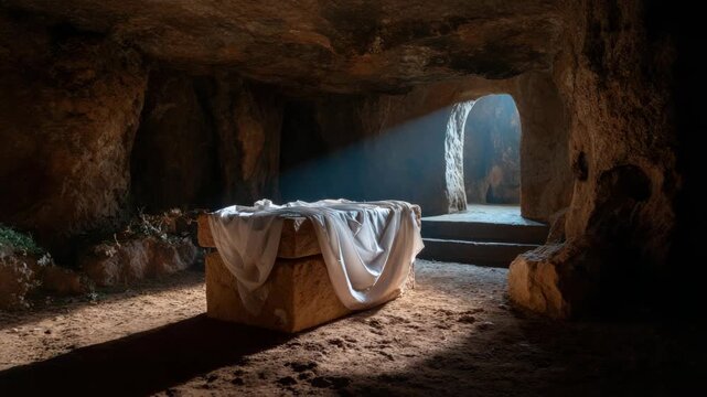 Empty tomb with draped cloth and sunlight in a stone cave