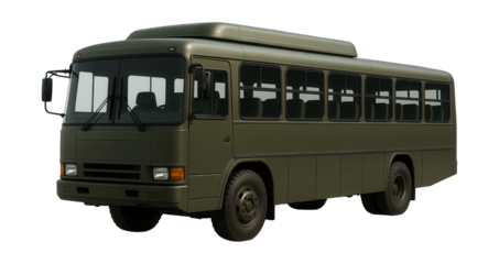 Olive drab troop transport bus featuring foldable mirrors and rooftop storage.