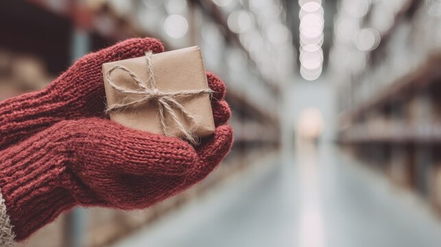 Person wearing red knit gloves holding a small wrapped gift with twine bow
