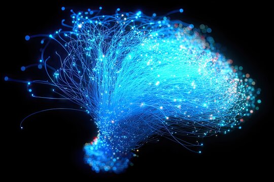 Blue glowing fibers converge, emitting tiny points of light