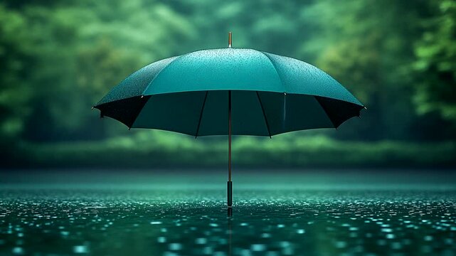 A teal umbrella stands in a serene rain-soaked lake