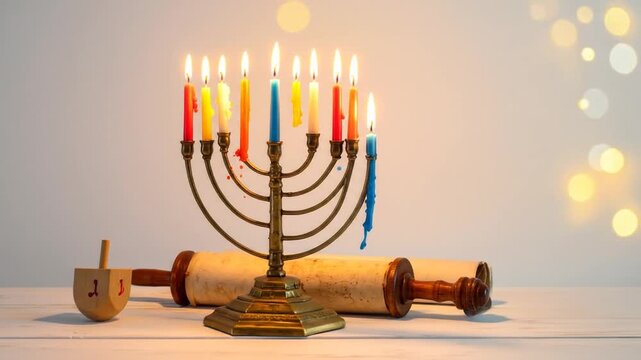 A Festive Hanukkah Display, Showcasing Menorah, Candles, and Traditional Elements and Bokeh