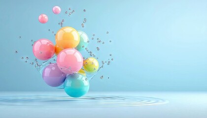 A cluster of brightly colored spheres, including pink, purple, yellow, orange, and teal, are suspended in a splash of clear water. Tiny bubbles float around the