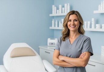 Confident female aesthetician smiling in a modern beauty and healthcare clinic