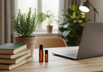 Cozy home office desk with rosemary plant, books, essential oils, and laptop