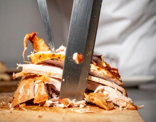 Expertly carving succulent roasted poultry with a sharp knife on a rustic wooden board, ready for