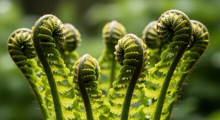 Fresh Green Fiddleheads Unfurling in Spring, Revealing Natures Spiral Patterns