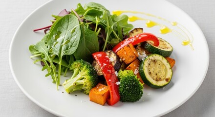 Colorful Roasted Vegetables and Fresh Mixed Greens Salad on White Plate