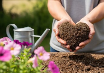 Caring hands cradle a heart of soil, representing love for nature and gardening