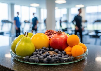 Vibrant fresh fruit platter with pears grapefruit blueberries pomegranates and apricots