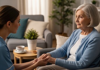 Caring young nurse holding hands with an elderly woman offering comfort and support