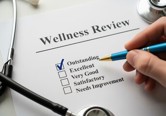 Wellness review form showing outstanding checked by a hand with a pen