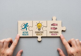 Hands connecting puzzle pieces showing active cognitive emotional health