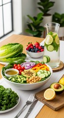 Vibrant Healthy Salad Bowl with Fresh Ingredients and Infused Water