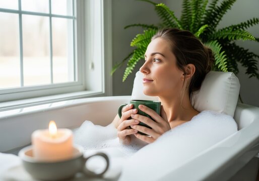 Serene woman relaxing in a bubbly bath, holding a mug and gazing thoughtfully