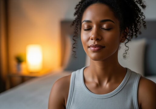 Serene black woman meditating, finding peace and calm with eyes closed