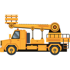Detailed Pixel Art Illustration of a Yellow Boom Truck with Extended Cherry Picker Arm Set Against a Transparent Background Ideal for Construction and Industrial Themes