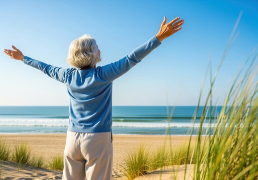 Happy senior woman with arms outstretched embracing freedom on beach