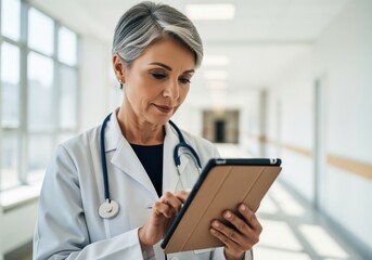 Experienced female doctor using digital tablet for patient care