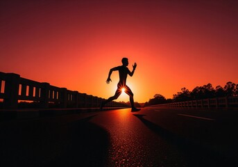 Silhouette of a male athlete running on a bridge during a vibrant sunset