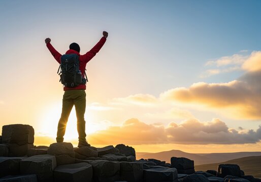 Hiker triumphantly celebrating success on mountain peak at golden hour