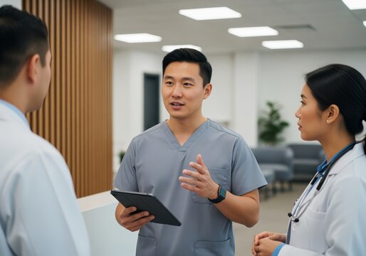 Medical professionals team discussing patient care with tablet in hospital