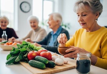 Group of senior women enjoying a healthy cooking class with fresh produce