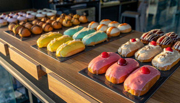 Assorted donuts on a wooden tray, displayed with colorful toppings and glazes in a bakery or cafe setting with natural light.