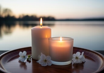 Peaceful lit candles and cherry blossoms on a tray by a serene lake at sunset