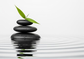 Tranquil zen balance of stacked dark stones with green bamboo leaf in water