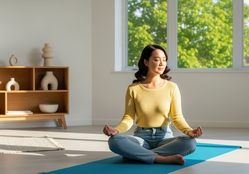 Serene asian woman meditating in lotus pose on yoga mat indoors