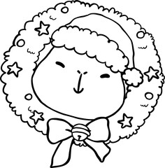 Kawaii Christmas Wreath Capybara Face Outline with Bow Cartoon Doodle Hand Drawn.