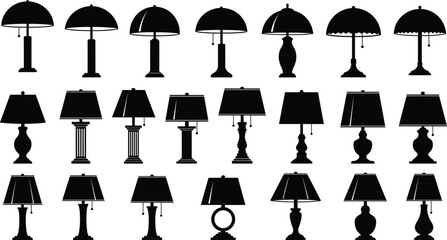 Elegant vintage and modern table lamps collection in black silhouette style, showcasing diverse decorative lamp designs for interior lighting and home decor.