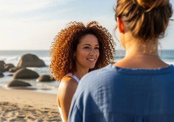 Smiling woman with curly auburn hair engaging in conversation on a sunny beach
