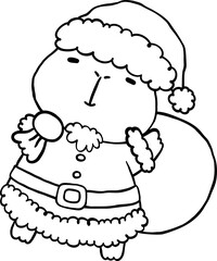 Kawaii Christmas Capybara Santa Outline with Gift Sack Cartoon Doodle Hand Drawn